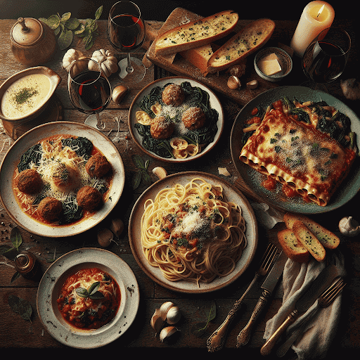 Spaghetti, lasagne and garlic bread