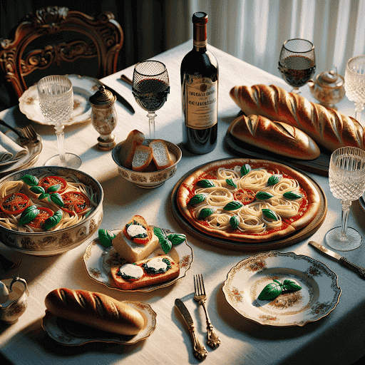 Pizza, Garlic Bread and drinks