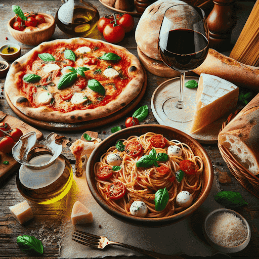 Spaghetti, Pizza and drink